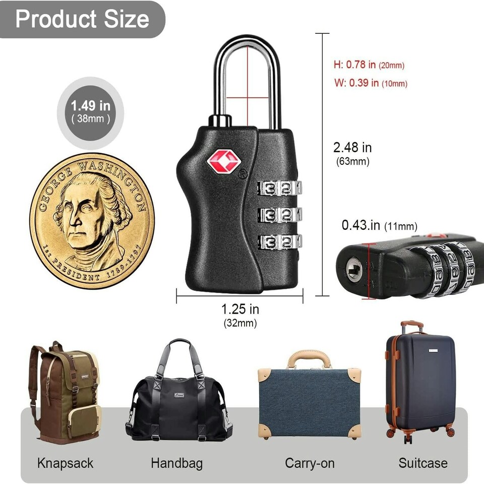 image 1 of TSA Approved Black 3 Combination Travel Suitcase Luggage Padlock Black