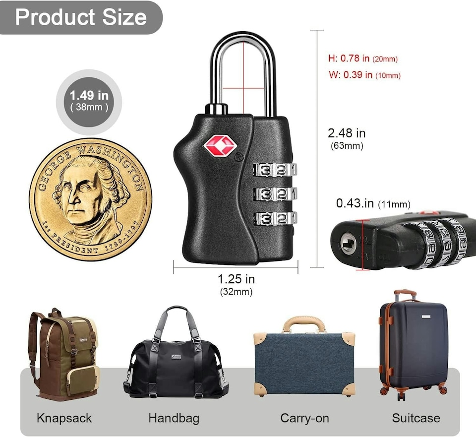image 1 of TSA Approved Black 3 Combination Travel Suitcase Luggage Padlock | Black