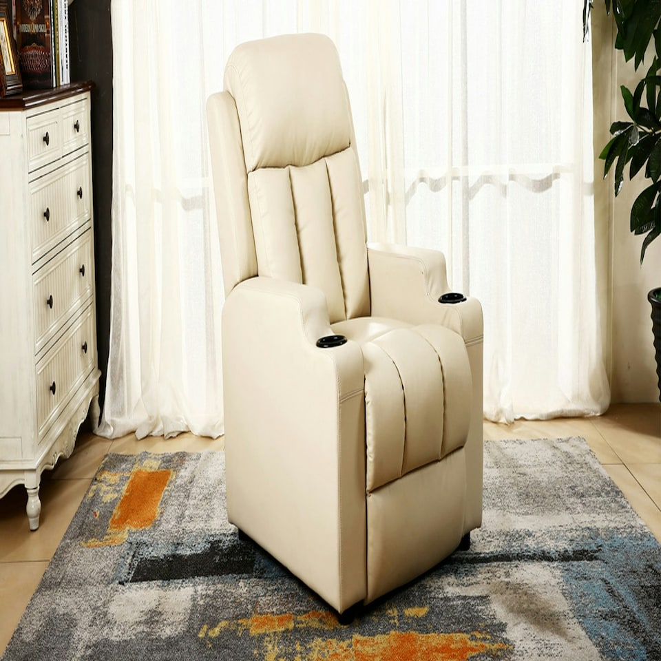 image 1 of Studio Bonded Leather Recliner w Drink Holders Sofa Chair (Cream)