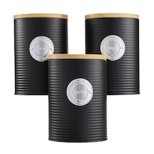 Cooks Professional 3 Piece Ribbed Tea, Coffee, & Sugar Cannisters with Bamboo Lids | Black | Black & Silver