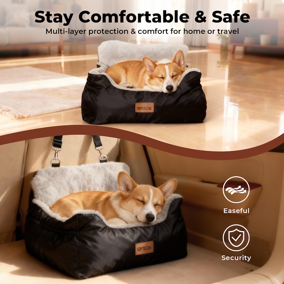 image 1 of Skylos Dog Car Seat Bed Pet Booster Travel Carrier with Safety Leash | Black | Black | 1