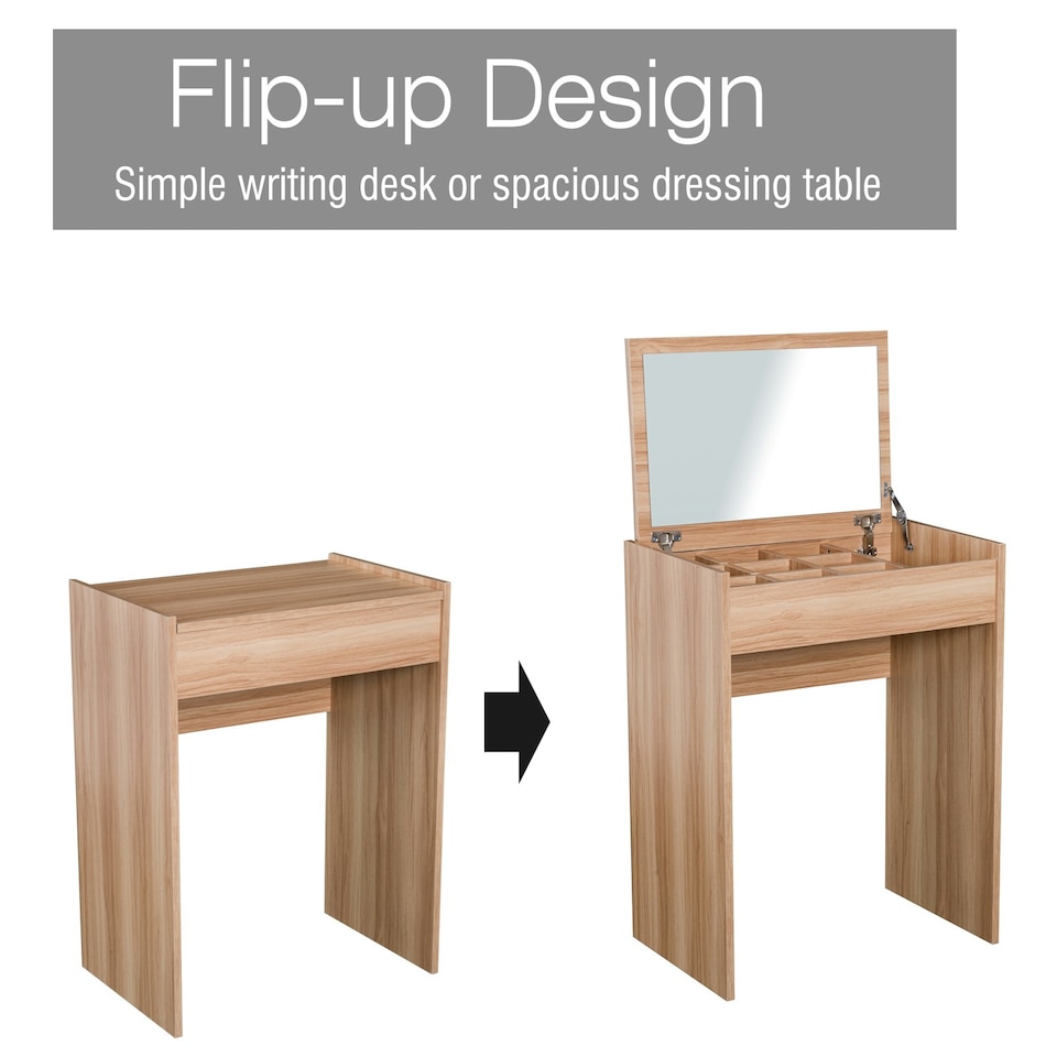 image 1 of HOMCOM Dressing Table Set Cushioned Stool Flip-up Mirror Chipboard - Wood Grain