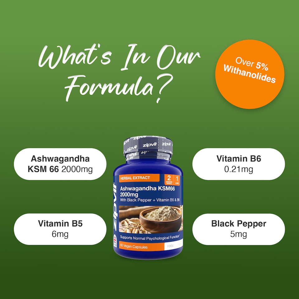 image 1 of Zipvit Ashwagandha KSM-66 Complex 2000mg with Vitamin B6, B5 & Black Pepper, Energy & Mental Performance, 60 Vegan Capsules, 2-Month Supply