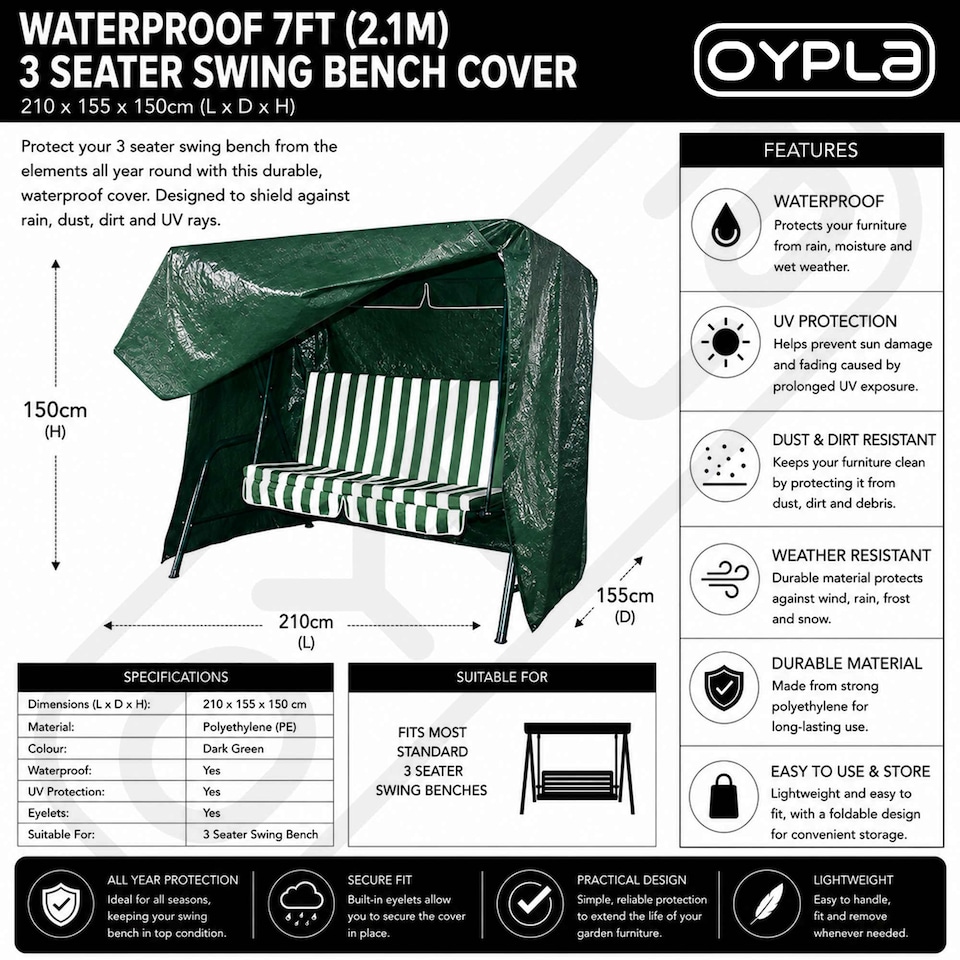 image 1 of Waterproof 7ft 2.1m Garden Furniture 3 Seater Swing Bench Seat Cover | Green