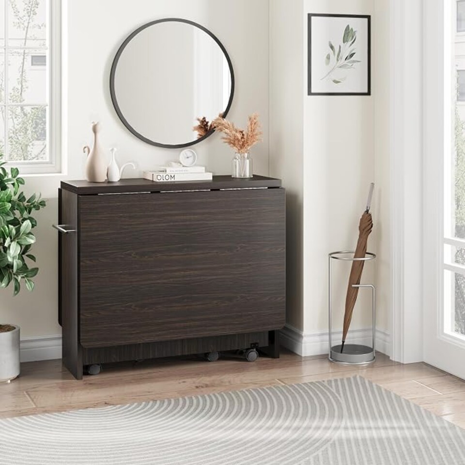 image 1 of London Boutique Dark Walnut Drop Leaf Folding Dining Table, Mobile Kitchen Island with Lockable Wheels & Storage Shelves