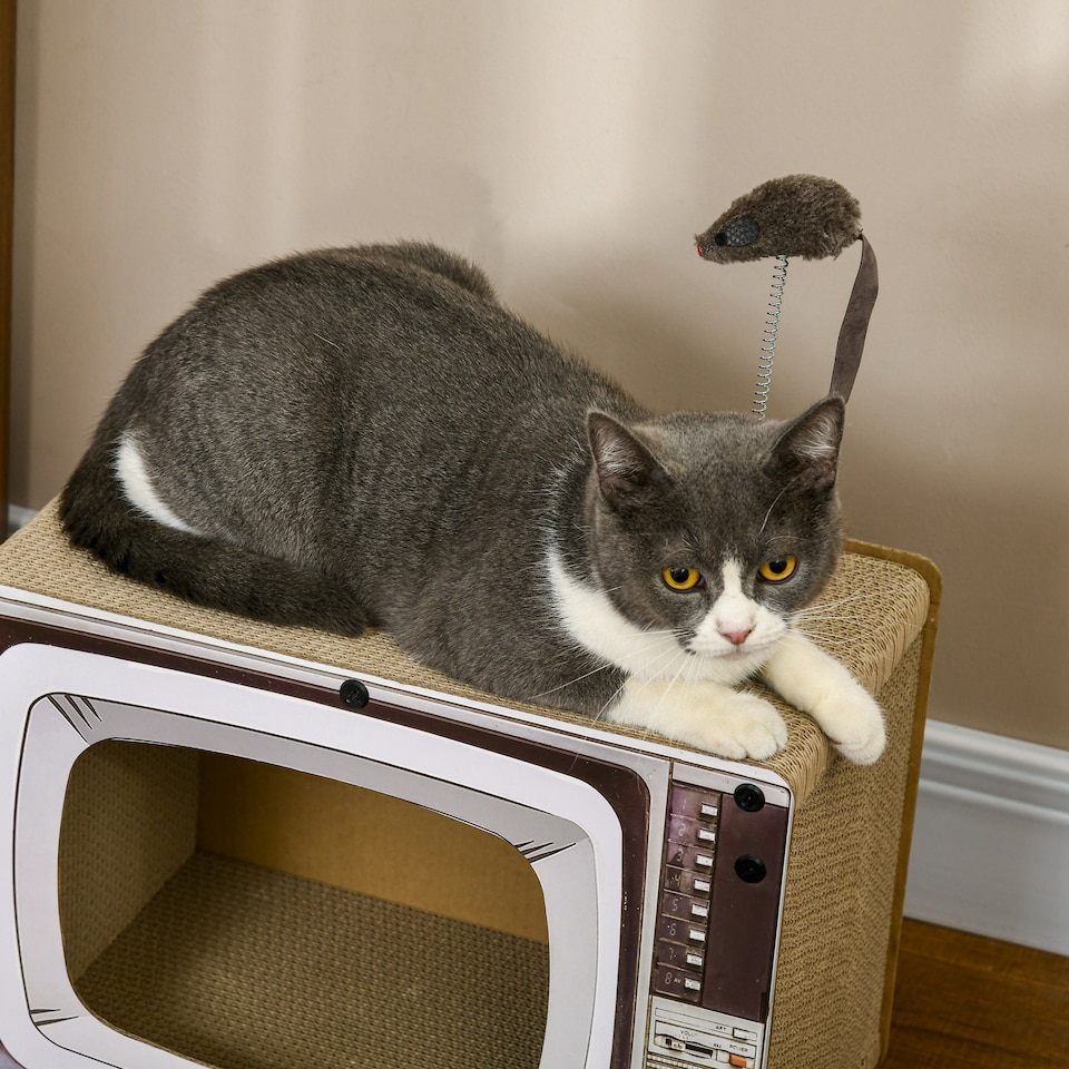 image 1 of PawHut TV-Shaped Cat House, Cardboard with Scratcher Catnip Toy Mouse