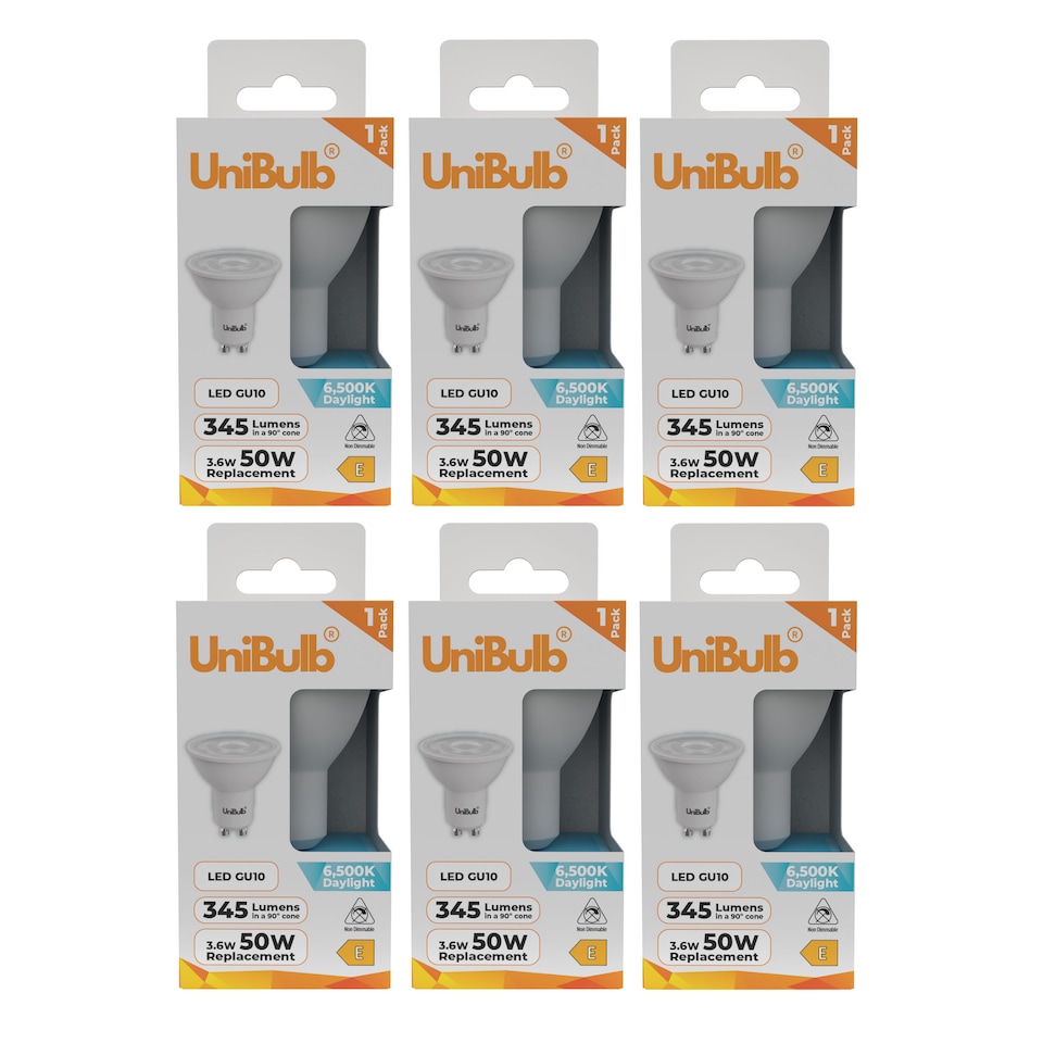 image 1 of UniBulb LED GU10 345lm 3.6W (Replaces 50W) 6500K (Daylight) Spotlight Downlight Light Bulb - Pack of 6
