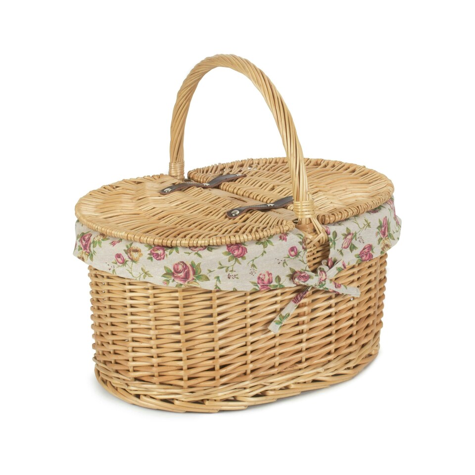 image 1 of Cotton Lined Buff Oval Picnic Basket Multi | Rose Garden | One Size