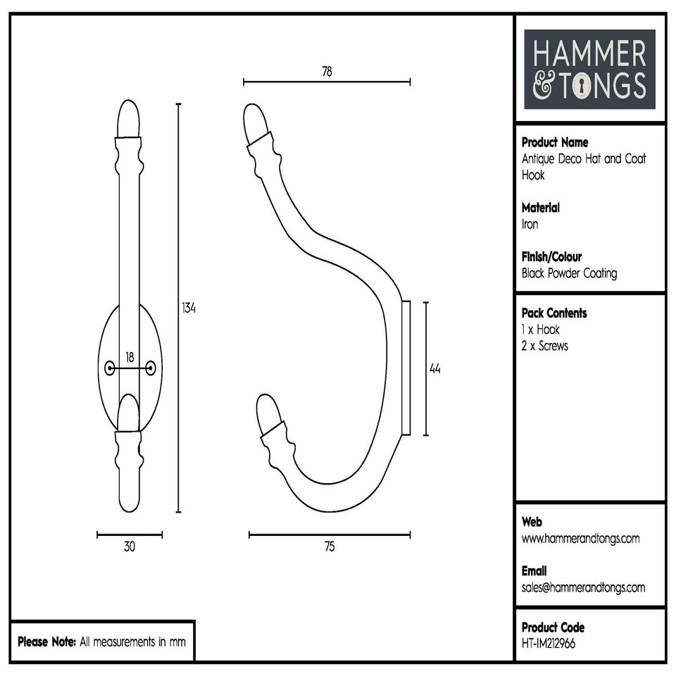 image 1 of Hammer & Tongs Antique Deco Hat & Coat Hook - W30mm x H135mm - Black