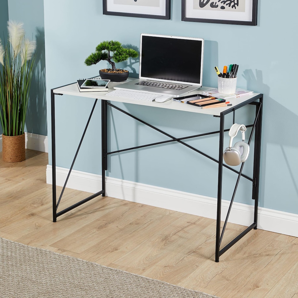 image 1 of Folding Compact Desk Storage Hook Wood Metal Office Computer Table Workstation | White