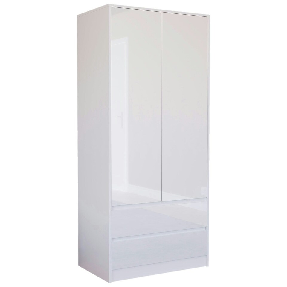image 1 of Vida Designs Glinton 2 Door 2 Drawer Wardrobe High Gloss Doors With Shelf & Clothes Rail, 100% FSC, White