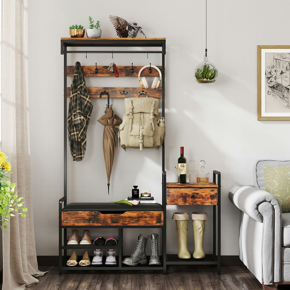 image 1 of COSTWAY Coat Rack Hall Tree with Shoe Storage Bench Brown | One Size