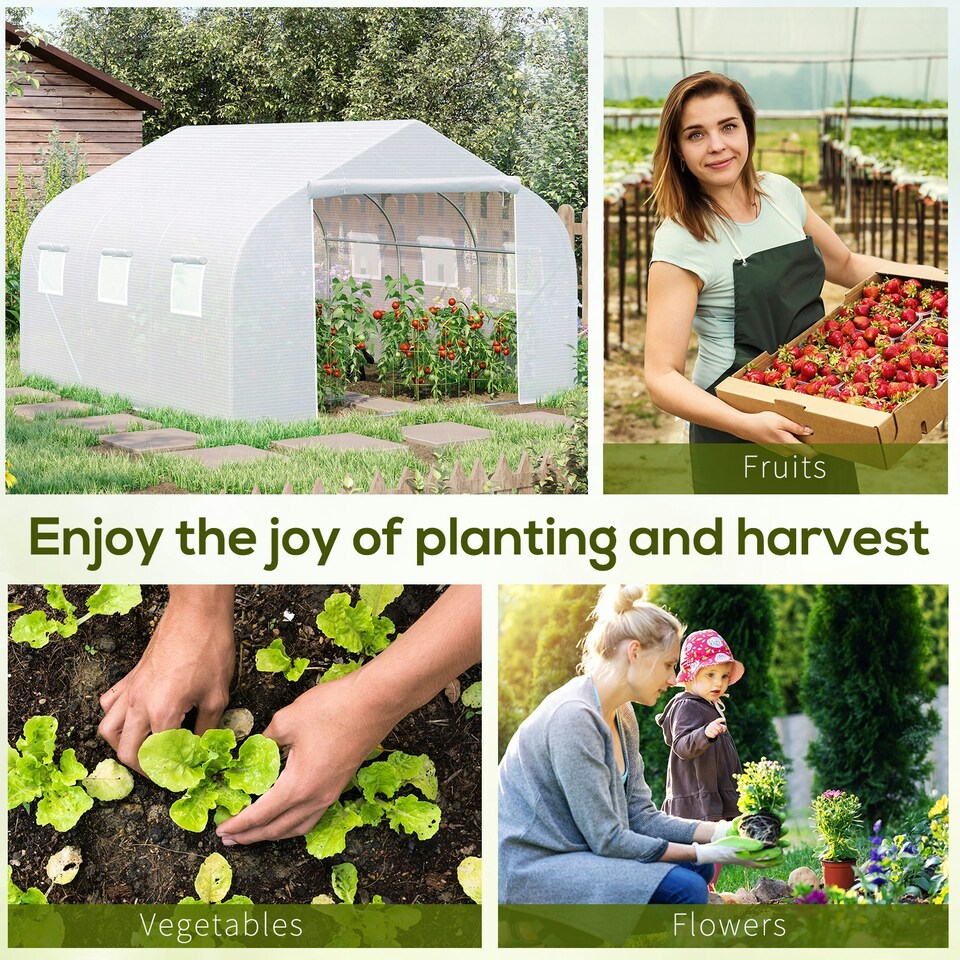 image 1 of Outsunny Walk-In Polytunnel Greenhouse w/ Roll Up Door Windows, 4.5x3x2 m White