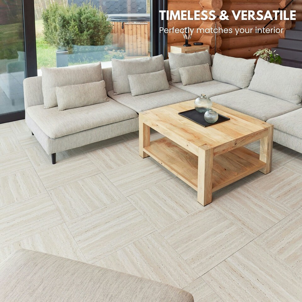 image 1 of NOVECRAFTO Vinyl Floor Tile – Self Adhesive 18x18 in – Travertine Dune – Peel & Stick for Kitchen, Bathroom & Living Room – Waterproof & Easy DIY Brown | 4.18 sqm