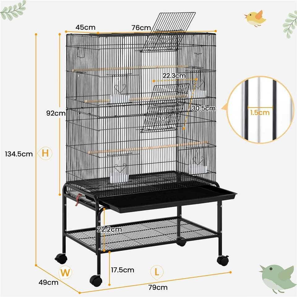 image 1 of Yaheetech 134.5 cm Tall Large Parrot Cage Rolling Metal Birdcage Black