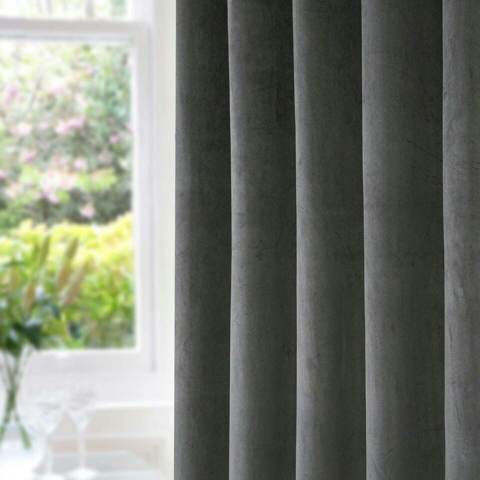 image 1 of Homescapes Thermal Blackout Grey Velvet Curtains - 46 x 72 Inches | Grey | Grey