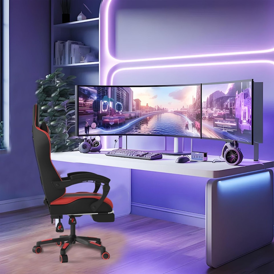image 1 of Alivio Ergonomic Gaming Chair with Massage Lumbar Cushion & Retractable Footrest, PU Leather Video Game Chair (Red)
