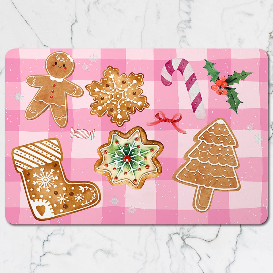 image 1 of Pink Christmas Placemat And Coaster Set With Gingerbread Cookies