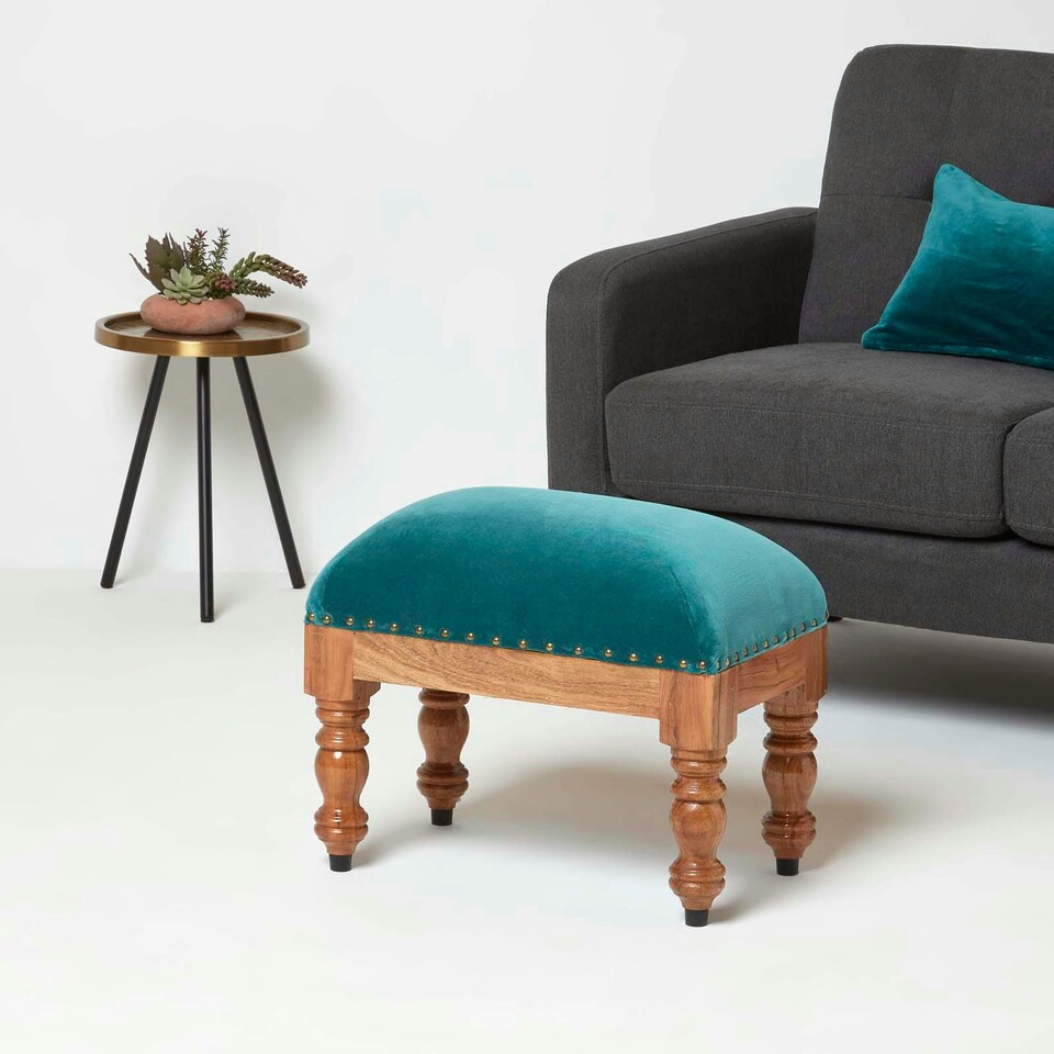 image 1 of Homescapes Mable Teal Green Velvet Rectangular Footstool
