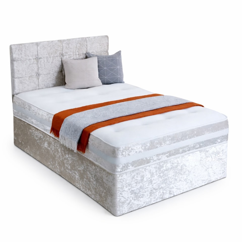 image 1 of 5ft kingsize Cream Crushed Velvet Divan Bed Set Orthopaedic Mattress with Cube Headboard  4 Drawers