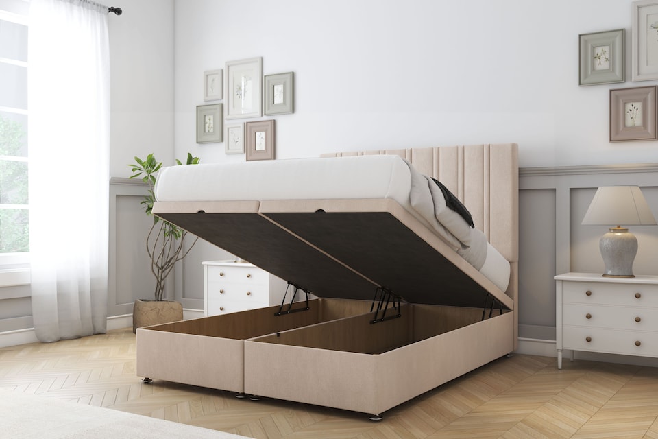 image 1 of Sloomy Langston Sand Naples Ottoman Bed With Mattress With 54" Floor Standing Headboard 4'6 Double