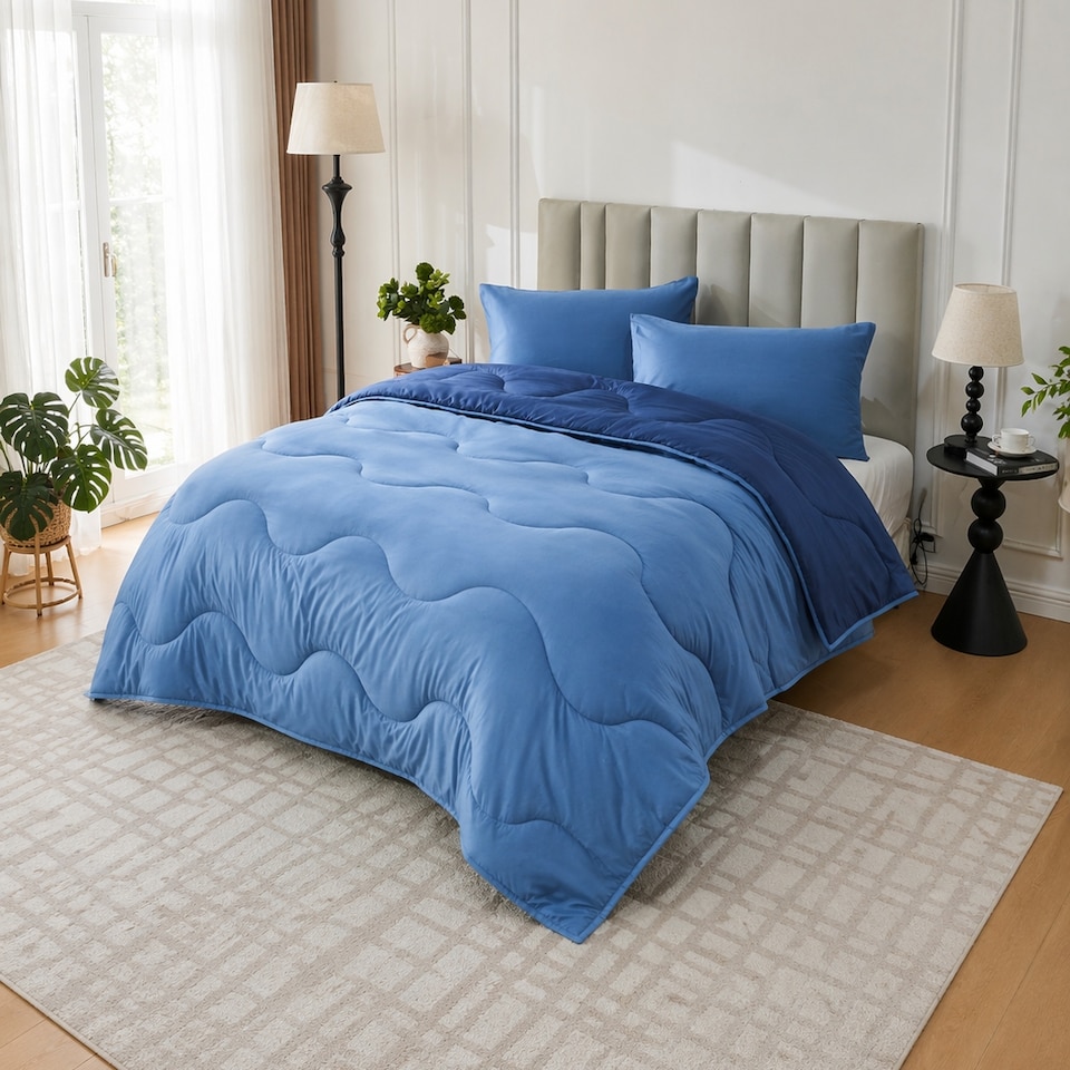 image 1 of 10.5 Tog Supersoft Microfibre Duvet with Pillowcases – Coverless or Use with Duvet Cover | Blue | Navy/Light Blue | Single