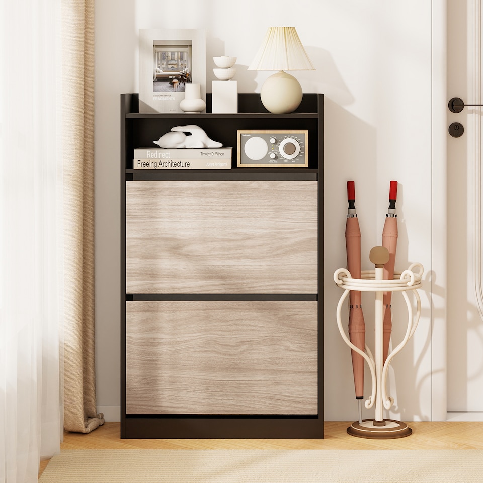 image 1 of COSTWAY Slim Hidden Narrow Shoe Organizer Cabinet with Open Storage-Black