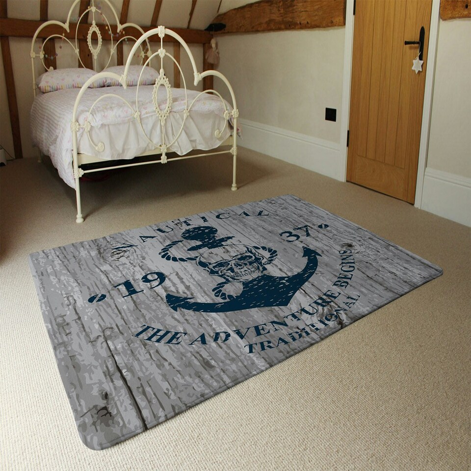 image 1 of Anchor Print on Wood (Rug) Blue | Large: 140x200cm