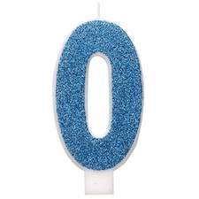 Number 0 Blue Glitz Glitter Birthday Candle 8cm
