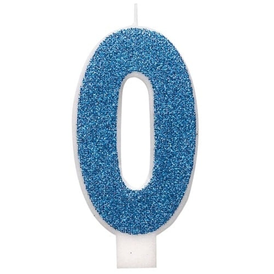 Number 0 Blue Glitz Glitter Birthday Candle 8cm