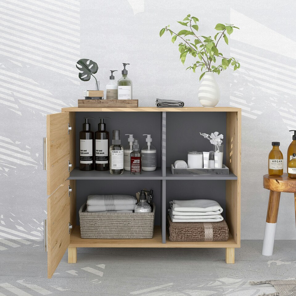 image 1 of HOMCOM Bathroom Storage Cabinet with Open Compartments and Double Doors Yellow