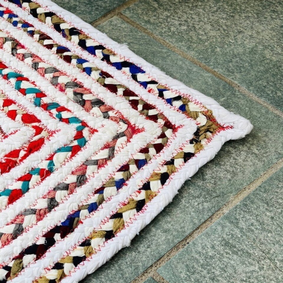 image 1 of CARNIVAL White Cotton Square Rug Braided with Multi Colours (CARNIVAL120X120) Multi