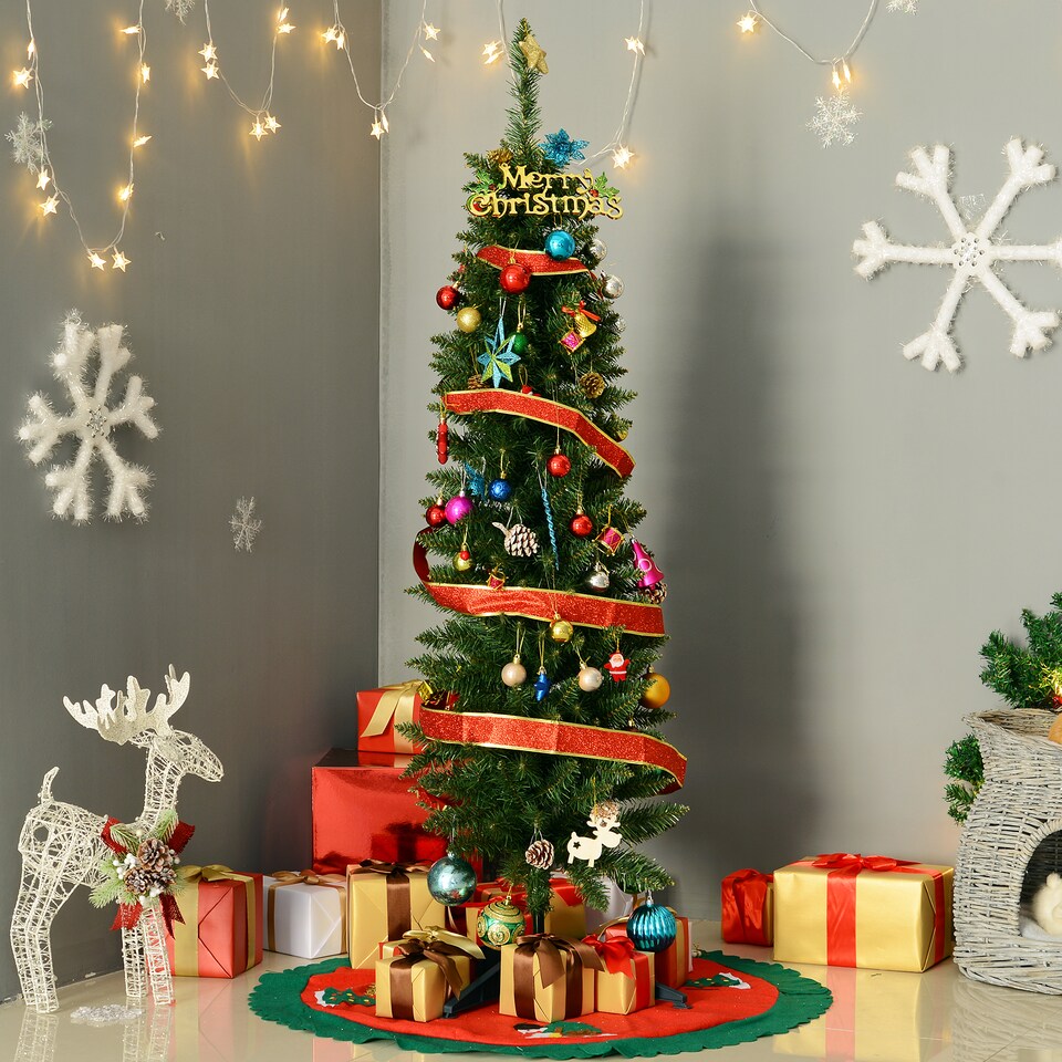 image 1 of HOMCOM 5ft Unlit Artificial Christmas Tree, Pencil Slim mas Tree with Solid Stand and Realistic Branches, Green
