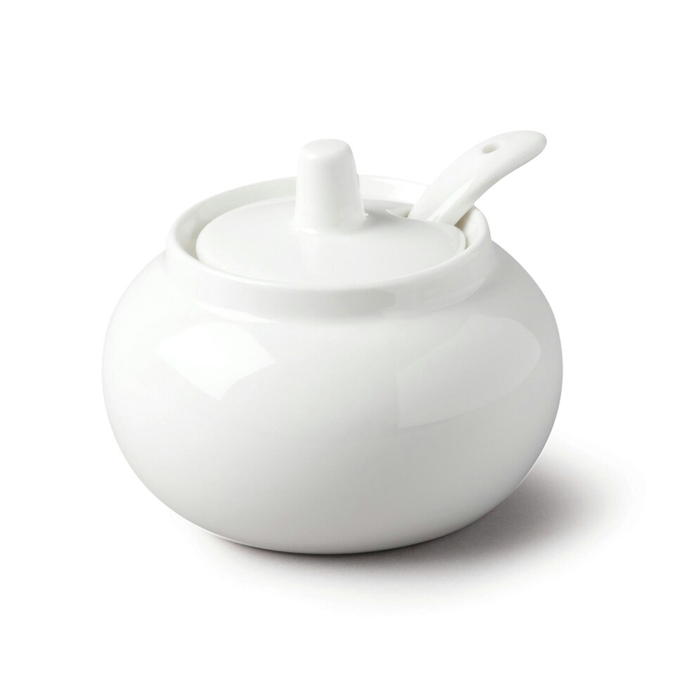 image 1 of Wm Bartleet & Sons Porcelain Bellied Sugar/Jam/Mustard Pot with Spoon, White