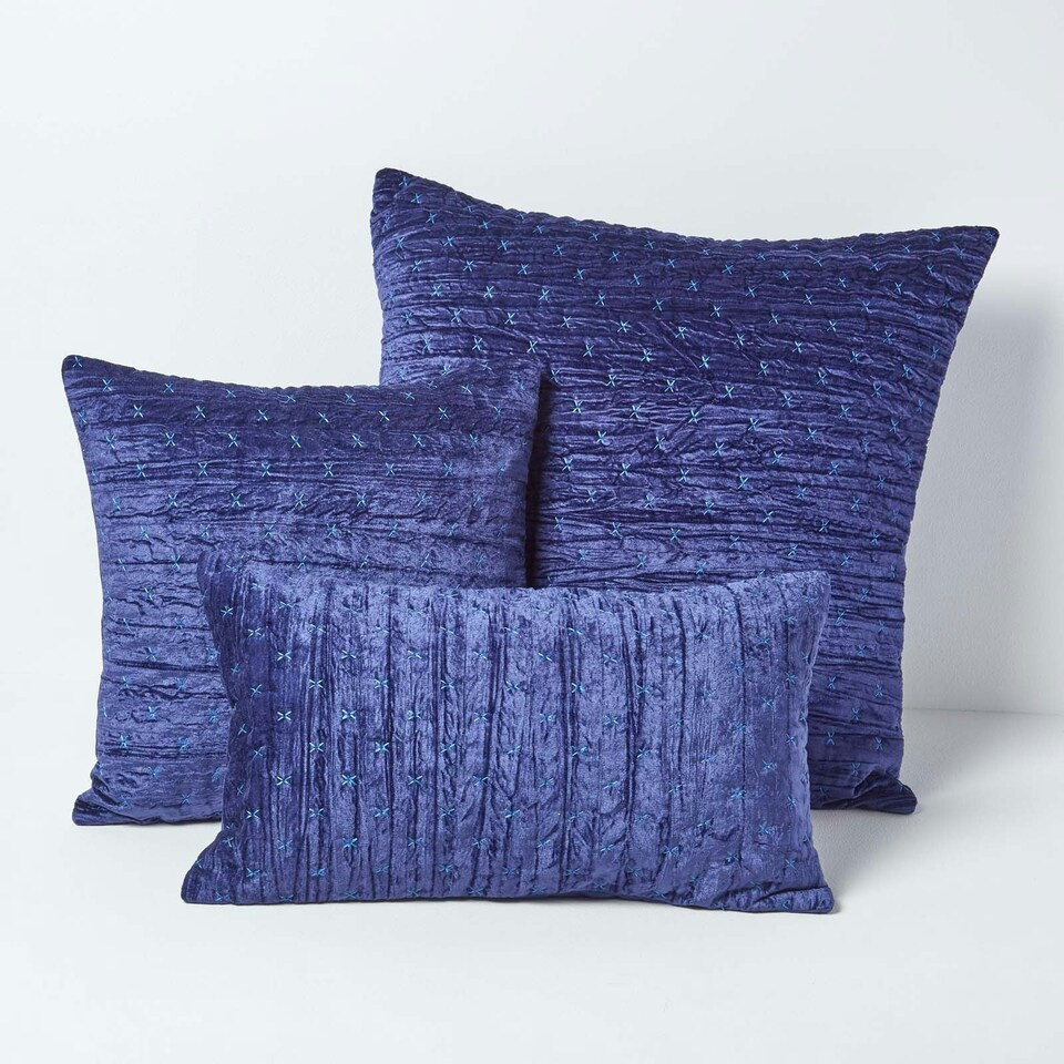 image 1 of Homescapes Navy Blue Crushed Velvet Cushion Cover - 55 x 55 cm Blue
