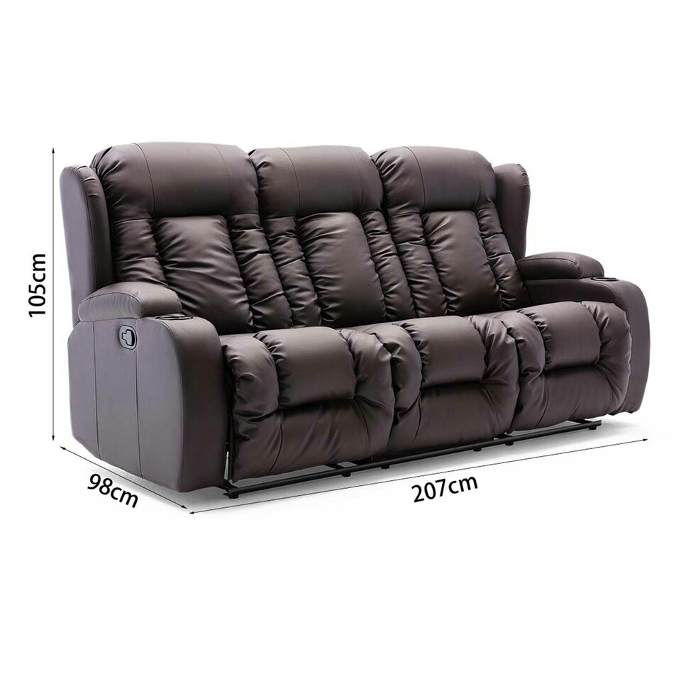 image 1 of Caesar 3 Seater Manual High Back Bonded Leather Recliner Sofa (Brown)