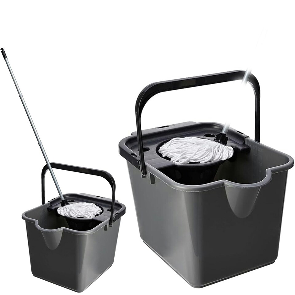 image 1 of 2 x Metallic 12 Litre Cotton Mop & Bucket Hard Floor Cleaning Set With Wringer & Pouring Lip