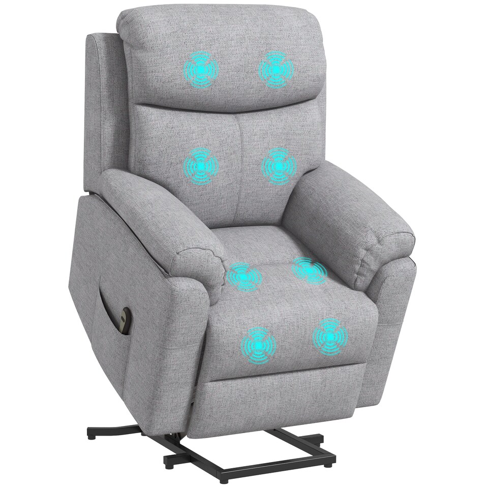 image 1 of HOMCOM Power Lift Recliner Chair with 8 Point Massage, Electric Lift Chair for Elderly, Overstuffed Linen Fabric Riser and Reclining Armchair with Remote Control, Side Pockets, for Living Room, Grey