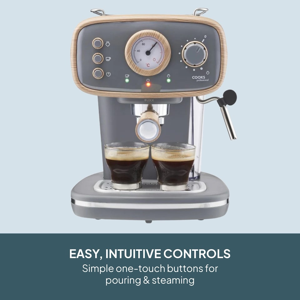 image 1 of Cooks Professional 15-Bar Retro Espresso Coffee Machine 1.2L with Frothing Steam Wand | Grey | Nordic Grey