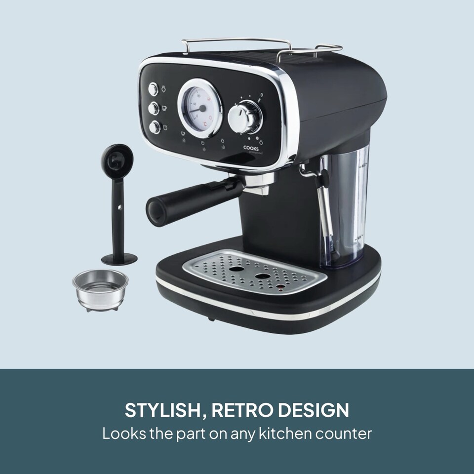 image 1 of Cooks Professional 15-Bar Retro Espresso Coffee Machine 1.2L with Frothing Steam Wand | Black | Black & Silver