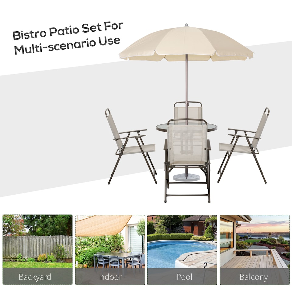 image 1 of Outsunny 6 Piece Garden Dining Set with Umbrella, Patio Sets with Parasol with 4 Folding Dining Chairs & Round Tempered Glass Table, Beige