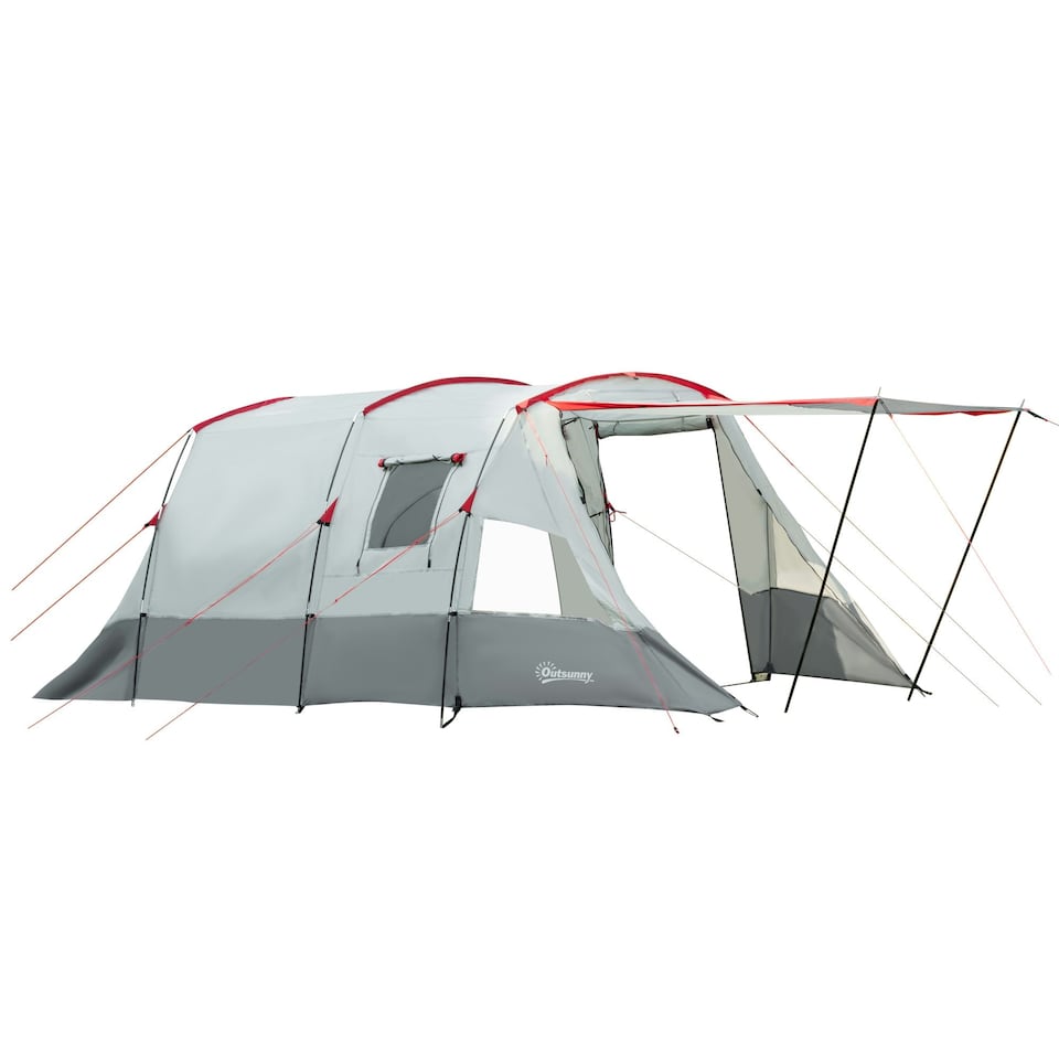 image 1 of Outsunny 6-8 Person Tunnel Tent, Two-room Camping Tent with Carry Bag, Grey