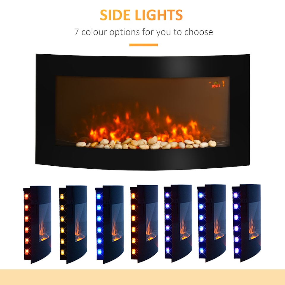 image 1 of HOMCOM Led Wall Mounted Fireplace Curved Glass Electric Fire Place Fire Place 7 Colour Side Lights Slimline, 10002000W, 89.2cm  48cm
