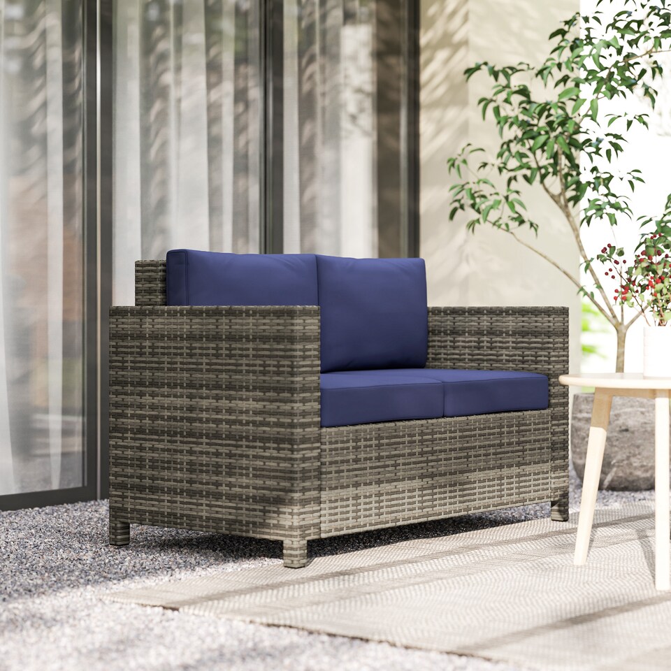 image 1 of Outsunny Rattan Sofa, 2 Seater Garden Furniture with Soft Padded Cushion and Armrests, Wicker Garden Loveseat for Patio, Navy Blue | Blue | Two Seater