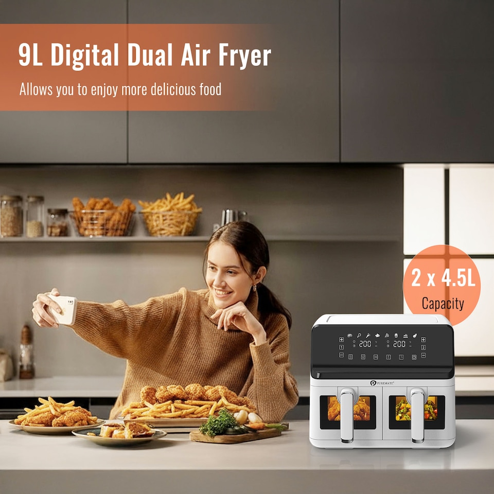 image 1 of PureMate 9 Litre Digital Dual Air Fryer - White
