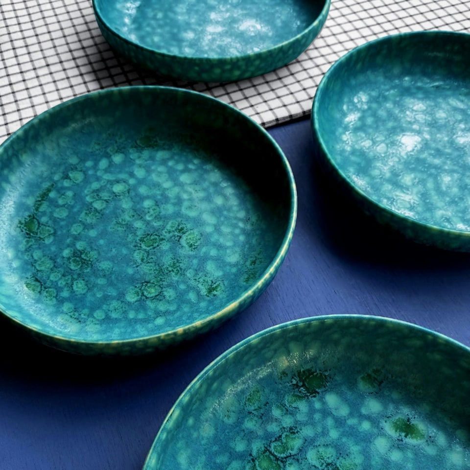 image 1 of Curateology LoHo Set of 4 Stoneware Pasta Bowls 21.5cm - Reactive Glaze Forest Green