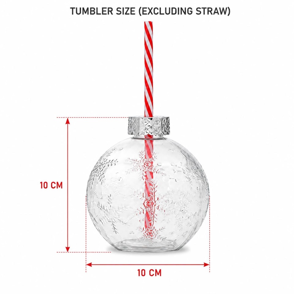 image 1 of Set of 4 Glass Bauble Drinks Tumblers Clear Snowflake 400ml With Straw