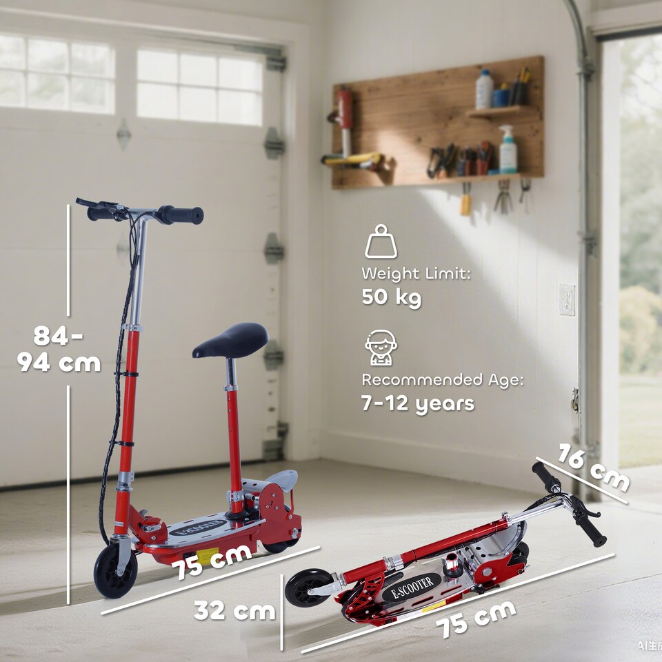 image 1 of HOMCOM Foldable Powered Scooter with Adjustable Seat, Brake | Red