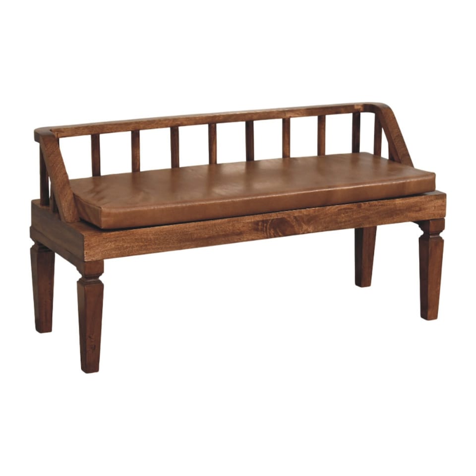 image 1 of Artisan Furniture Solid Wood Bordeaux Leather Bench, Upholstered, Brown