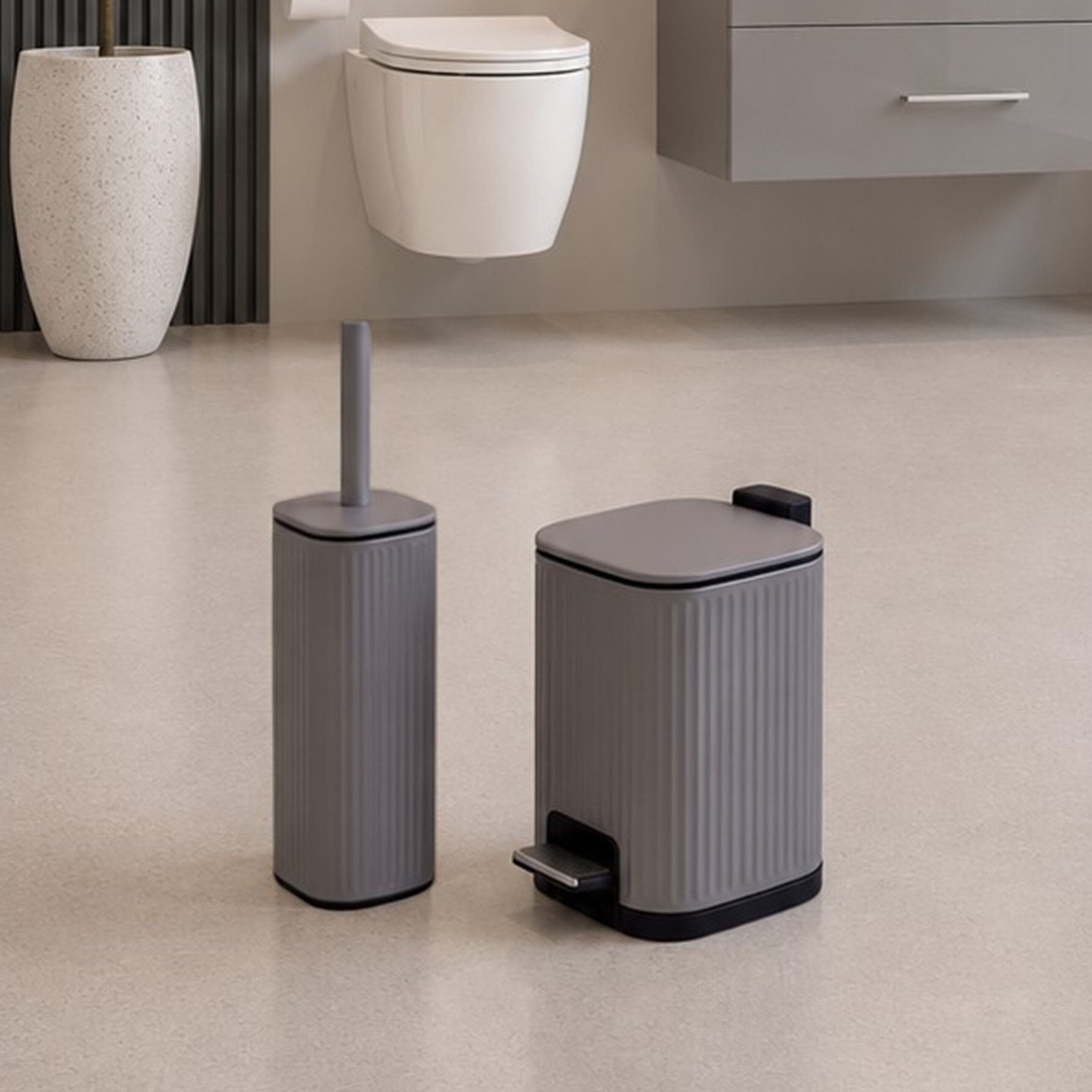 Showerdrape Targa Square Ribbed Toilet Brush & 3L Pedal Bin in Grey